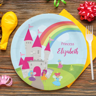 Little Girl Fairy Princess mit Regenbogen und Burg Pappteller