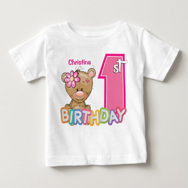 Little Girl First Birthday Teddy Bear Baby T-shirt (Vorderseite)