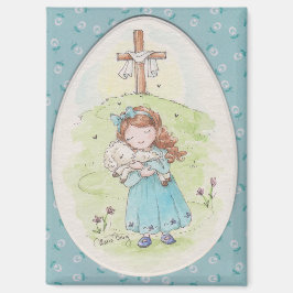 Little Girl Holding a Lamb Easter Morning Magnet