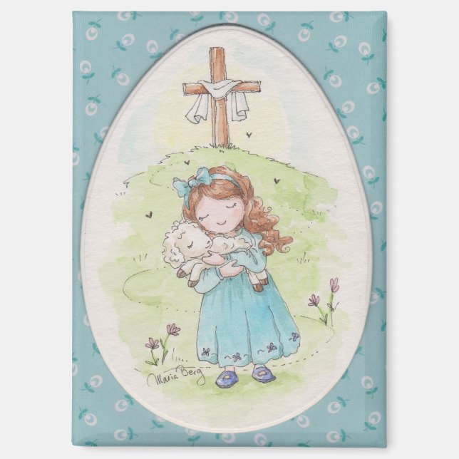 Little Girl Holding a Lamb Easter Morning Magnet (Vorderseite)