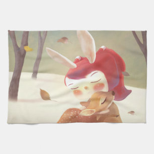 Little Girl Hugging Deer Geschirrtuch