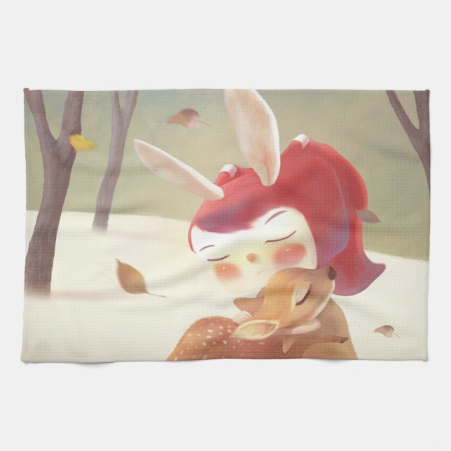 Little Girl Hugging Deer Geschirrtuch (Horizontal)