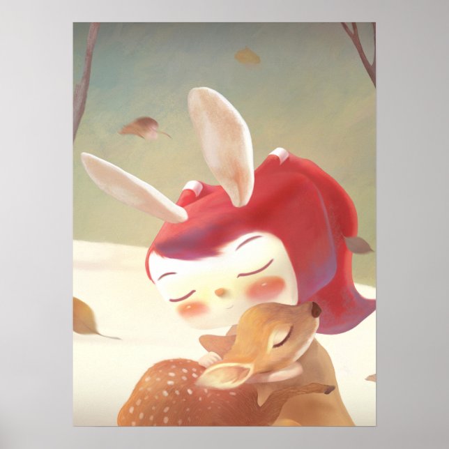 Little Girl Hugging Deer Poster (Vorne)