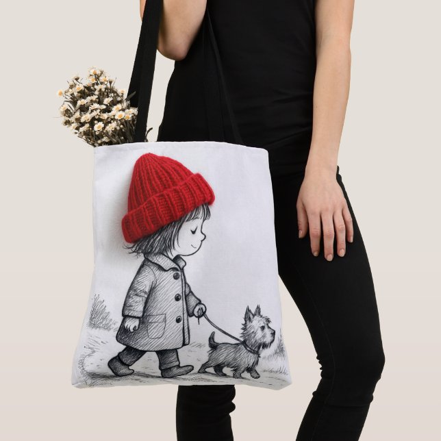 Little Girl In 3-D Red Hat Walking Her Dog (Von Nahem)