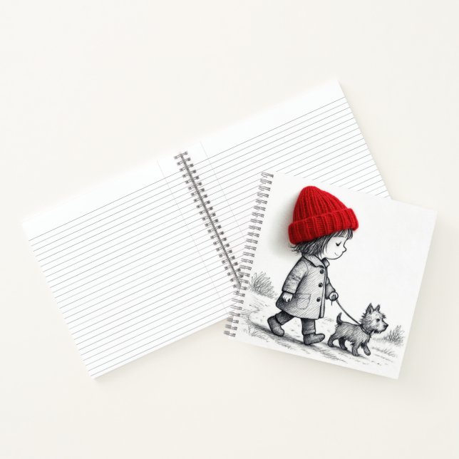 Little Girl In Red Hat Walking Her Dog Notizbuch (Innenseite)
