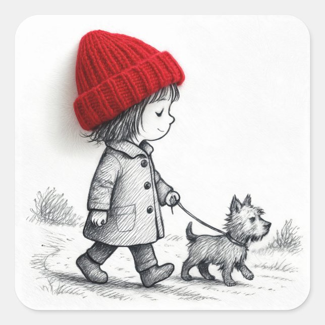 Little Girl In Red Hat Walking Her Dog Quadratischer Aufkleber (Vorderseite)