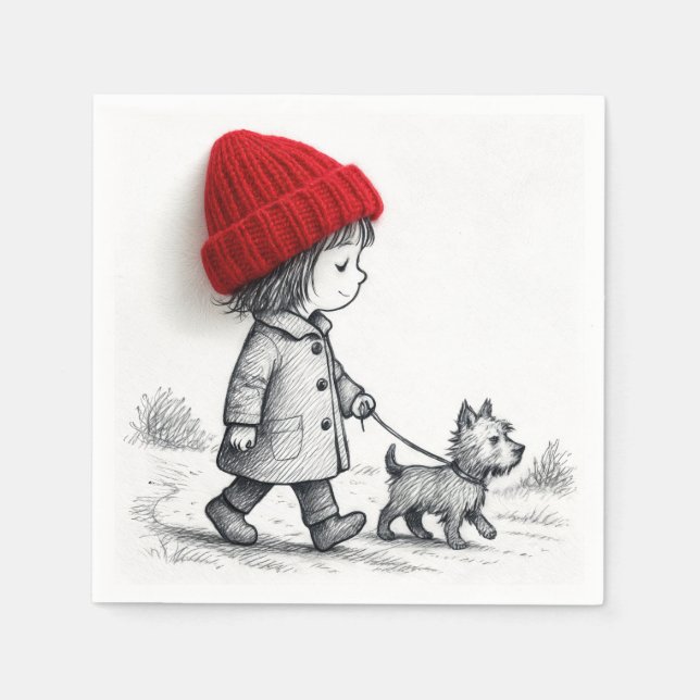 Little Girl In Red Hat Walking Her Dog Serviette (Vorderseite)