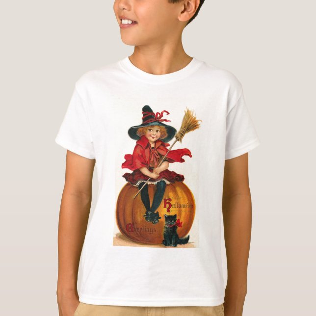 Little Girl in Witch Kostüm Halloween Tees (Vorderseite)