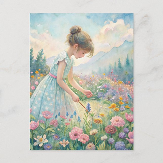 Little Girl Meadow Wildflowers Mountains Pastel Postkarte (Vorderseite)