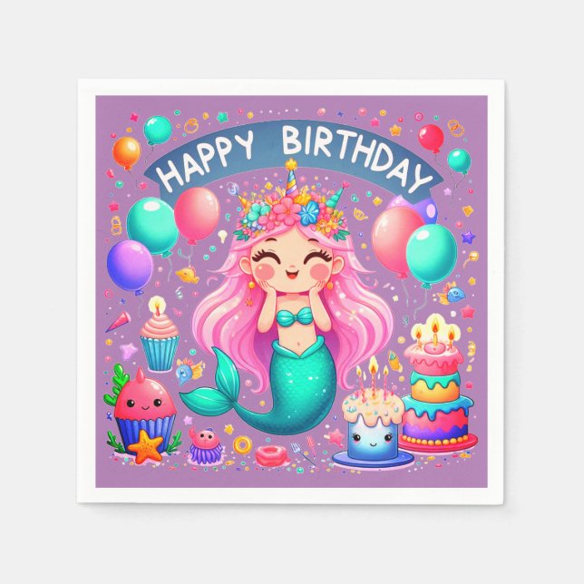 Little Girl Mermaid Birthday Party Napkins Serviette (Vorderseite)