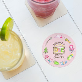 Little Girl One Happy Camper Erste Geburtstagspart Runder Pappuntersetzer