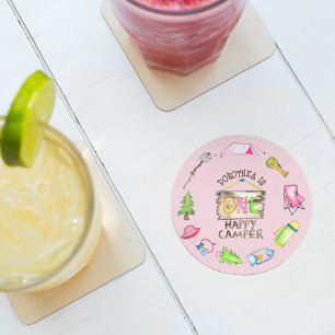 Little Girl One Happy Camper Erste Geburtstagspart Runder Pappuntersetzer