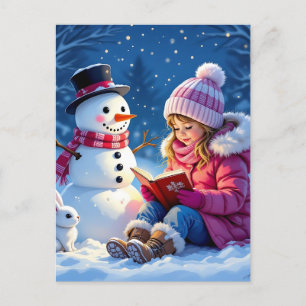 Little Girl Reading a Story to a Snowman Christmas Feiertagspostkarte