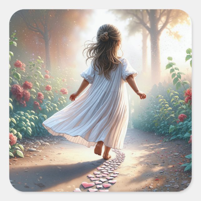 Little Girl Running On a Pink Heart Path Quadratischer Aufkleber (Vorderseite)