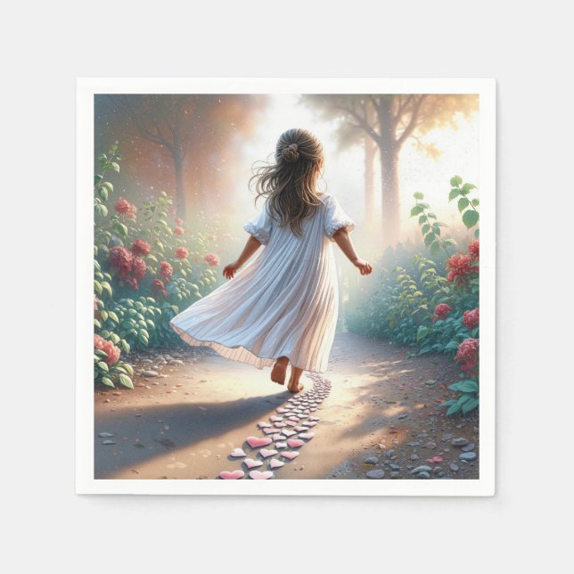 Little Girl Running On a Pink Heart Path Serviette (Vorderseite)
