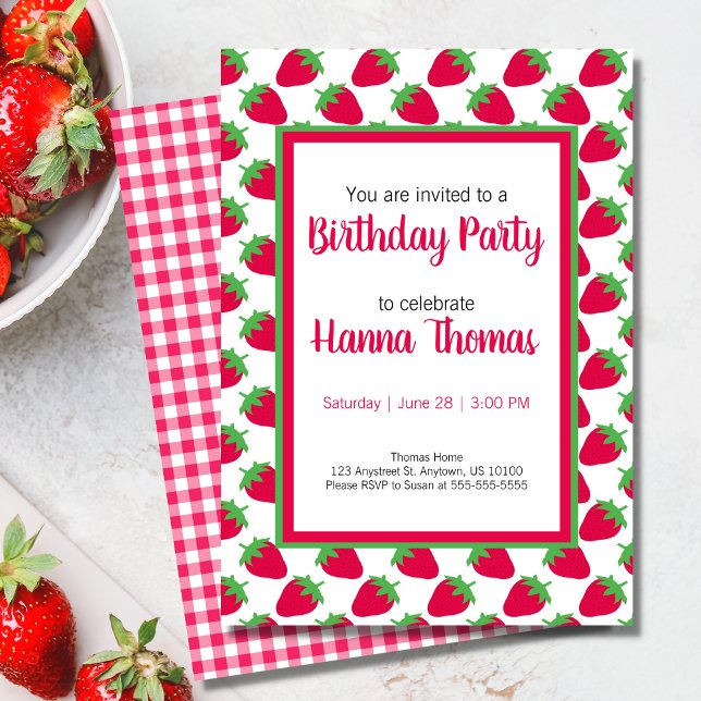 Little Girl Strawberry Muster Green Pink Geburtsta Einladung (Little Girl Strawberry Pattern Green Pink Birthday Invitation)