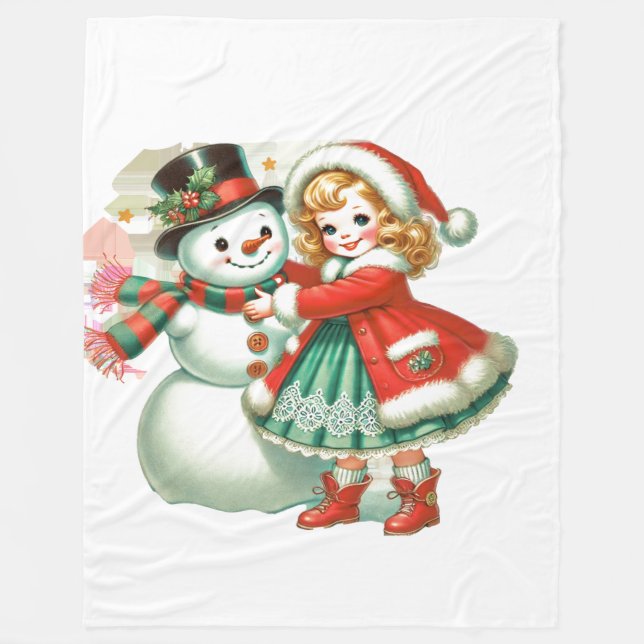 Little Girl umarmt ihren Schneemann Fleecedecke (Vorderseite)