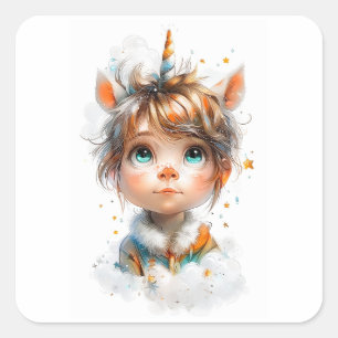 Little Girl Unicorn Quadratischer Aufkleber