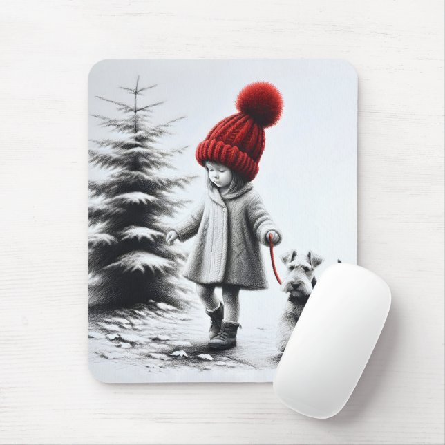 Little Girl Walking a Welsh Terrier Mousepad (Mit Mouse)