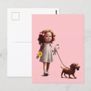 Little Girl Walking Dackel Postkarte