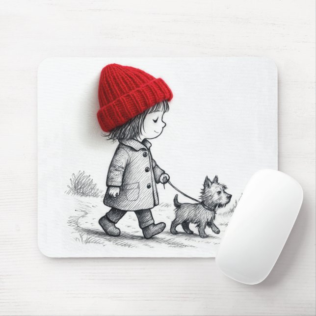 Little Girl Walking Her Dog Mousepad (Mit Mouse)