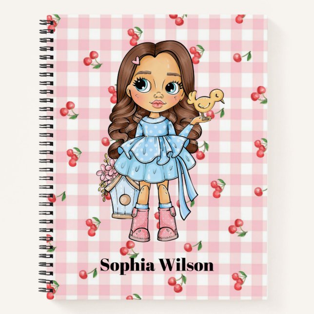 Little Girl with a Bird and Cherry Notebook Notizbuch (Vorderseite)