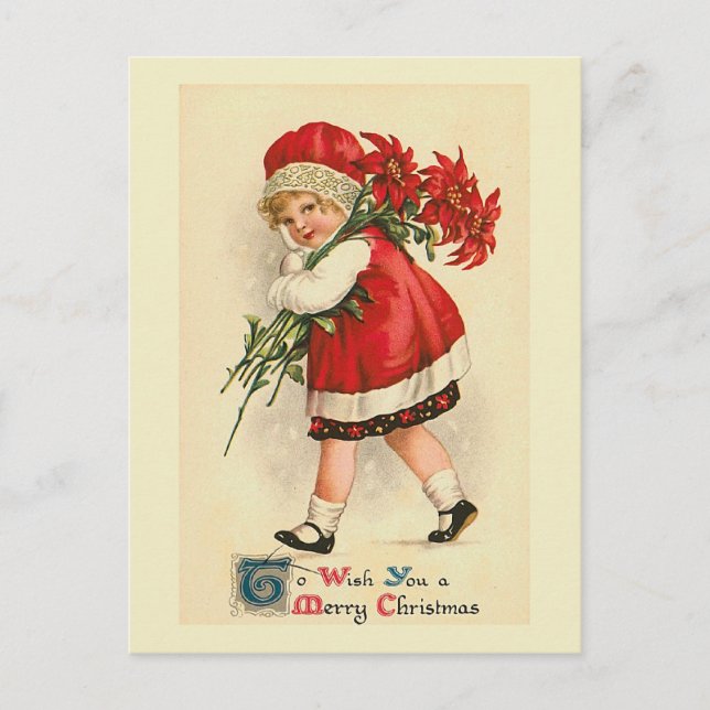 "Little Girl with Poinsettias" Vintage Postkarte (Vorderseite)