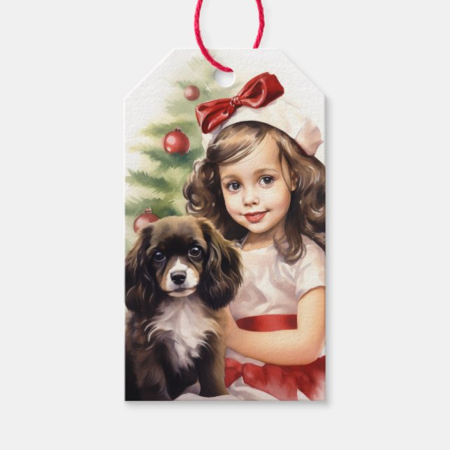 Little Girl With Puppy Christmas Gift Tag Geschenkanhänger (Vorderseite)