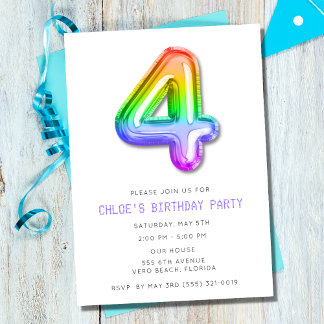 Little Girls 4th Birthday Balloon Party Einladung