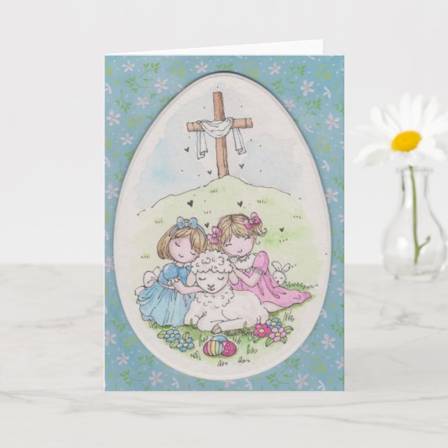 Little Girls and Little Lamb on Easter Morning Karte (Kleine Pflanze)