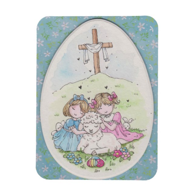 Little Girls and Little Lamb on Easter Morning Magnet (Vertikal)