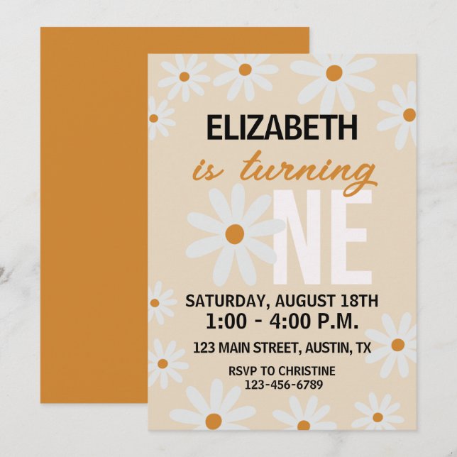 Little Girls Daisy Einladung zum ersten Geburtstag (Vorne/Hinten)