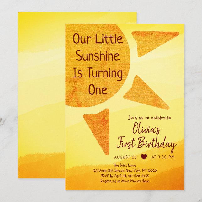 Little Gold Sunshine Modern Boho Birthday Einladung (Vorne/Hinten)