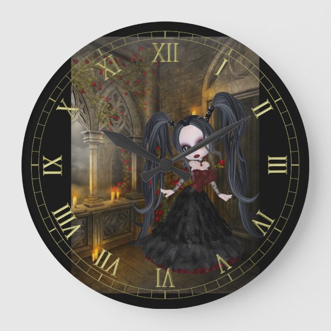 Little Goth Girl Wall Clock Große Wanduhr (Vorderseite)