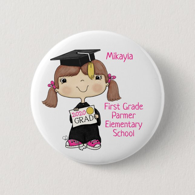 Little Graduate Girl Brown Hair Button (Vorderseite)