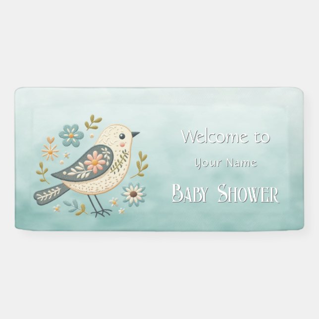 Little Green Bird Floral Baby Dusche Banner (Horizontal)