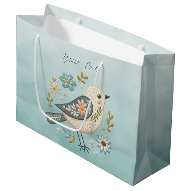 Little Green Bird Floral Geschenktasche Große Geschenktüte (Vorderseite Schrägansicht)