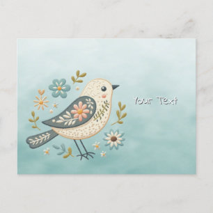 Little Green Bird Floral Postcard Postkarte