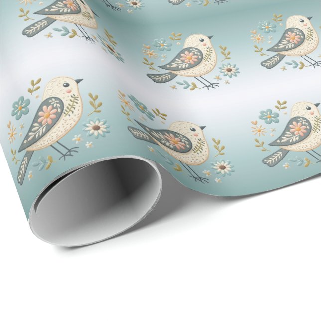 Little Green Bird Floral Wrapping Paper Geschenkpapier (Rolleneckpunkt)