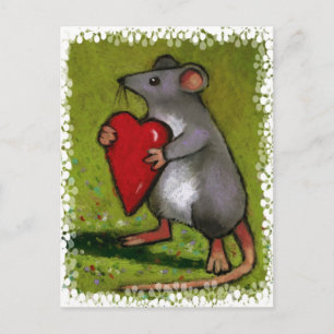 Little Grey Mouse Holding Red Heart: Ölpastel Postkarte