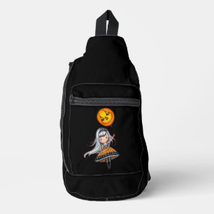 Little Halloween Girl and Pumpkin Balloon Crossbody Bag
