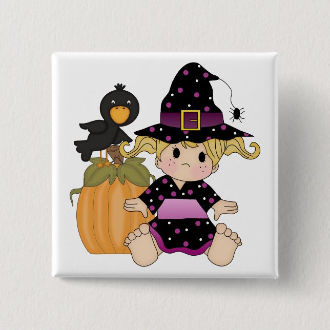 Little Halloween Hexe mit lila schwarzem Kleid Button (Vorderseite)