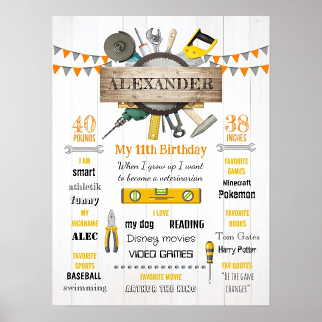 Little Handyman Birthday Milestone Birth Stats Poster (Vorne)