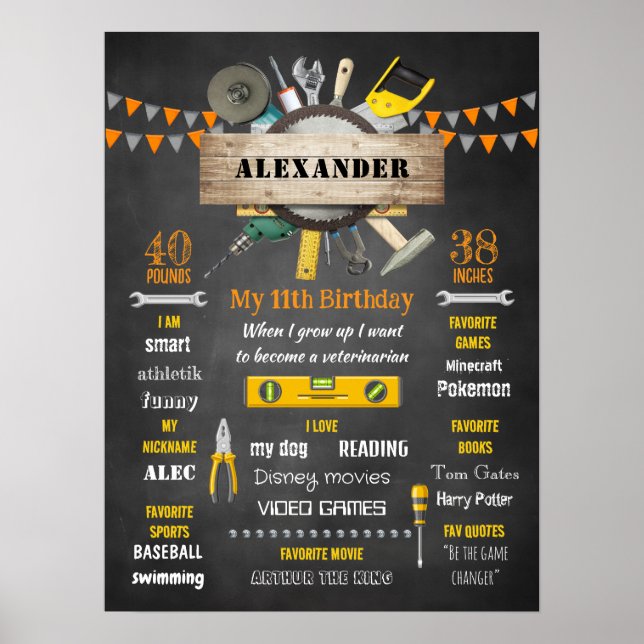 Little Handyman Birthday Milestone Birth Stats Poster (Vorne)