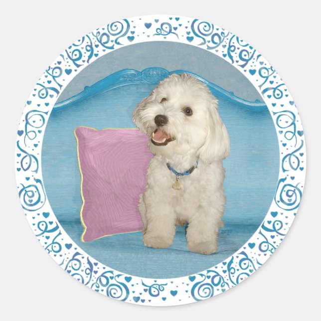 Little Havanese auf Türkis Sofa Runder Aufkleber (Vorderseite)