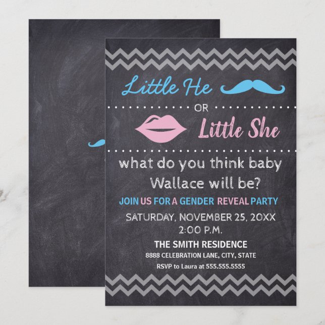 Little He Little She Lips Schnurrbart Gender-Enthü Einladung (Vorne/Hinten)