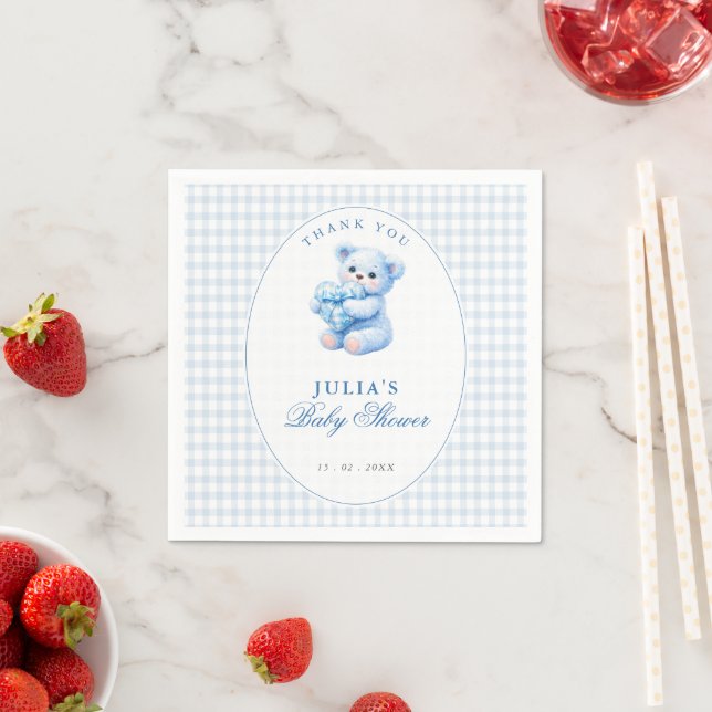 Little Heart Blue Gingham Teddy Bear Baby Shower Serviette (Beispiel)