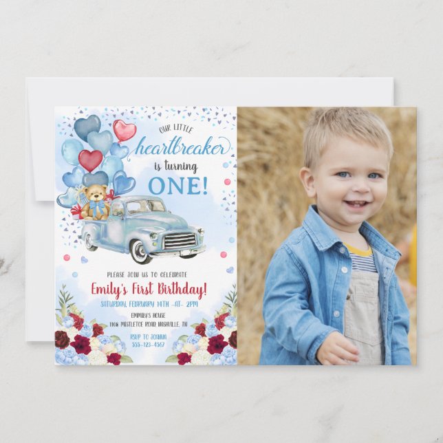 Little Heartbreaker Blue Truck Bear Birthday Foto Einladung (Vorderseite)