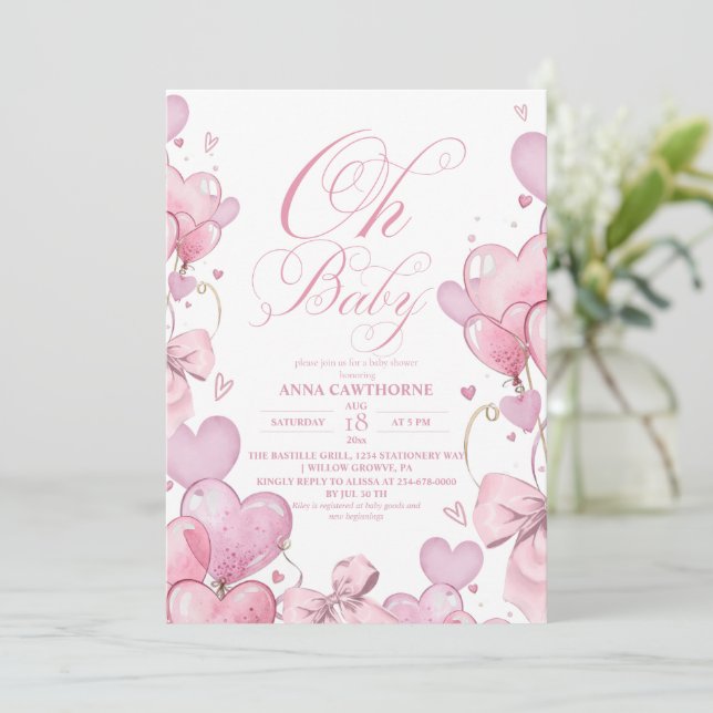 Little Hearts Girl Baby Shower Einladung (Stehend Vorderseite)