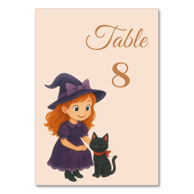 Little Hexe & Cat Thema Halloween Kinderdusche Tischnummer (Vorderseite)